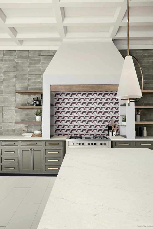 bold red backsplash in cool-toned contemporary kitchen